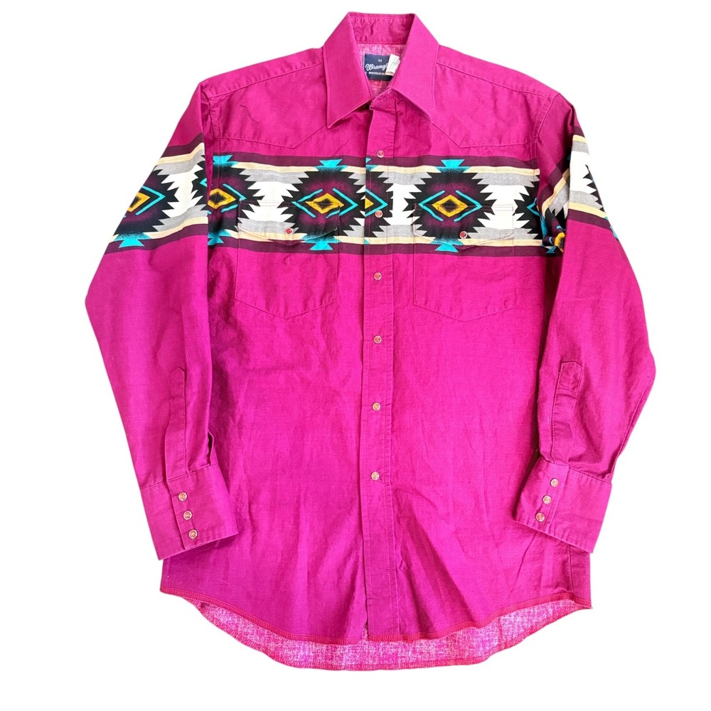 Wrangler VINTAGE Western Shirt Mens Medium Pink Aztec Pearl Snap V799-002B